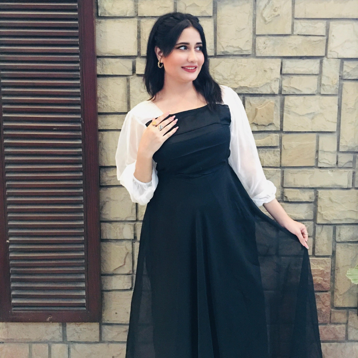 Two Tone Square Neck Bishop Sleeve Dress Amna Jamil Two Tone Square Neck Bishop Sleeve Dress Amna Jamil