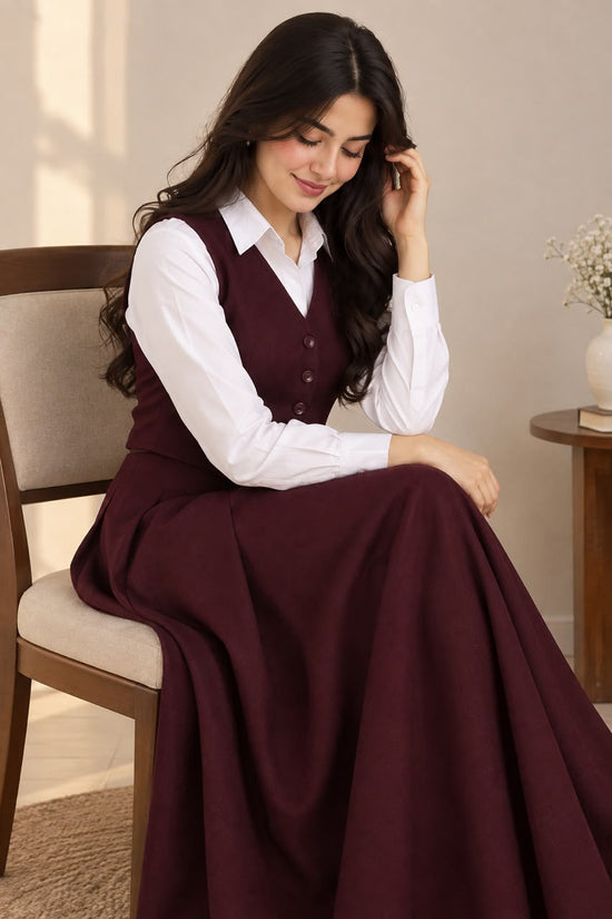 Burgundy Pleated Skirt & Waistcoat Set