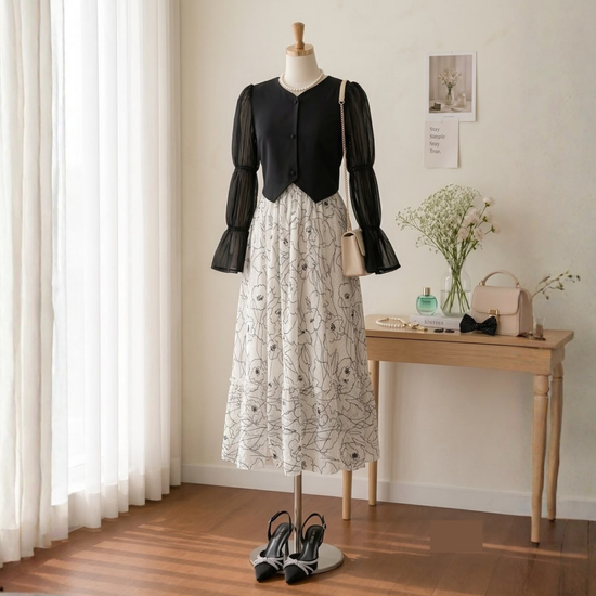 Black Vest Top with Printed Skirt