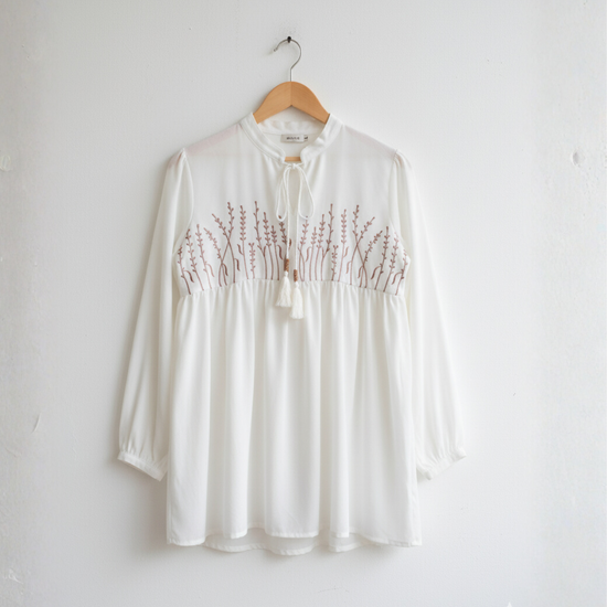 White Embroidered Field Tunic with Tassel Tie