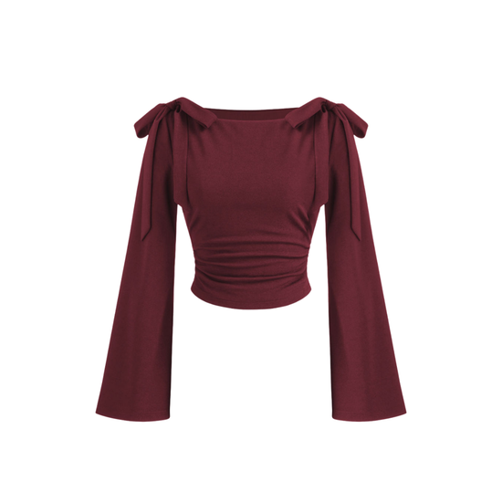 BOAT NECK BOWKNOT RUSHED LONG SLEEVES TOP