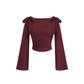 BOAT NECK BOWKNOT RUSHED LONG SLEEVES TOP