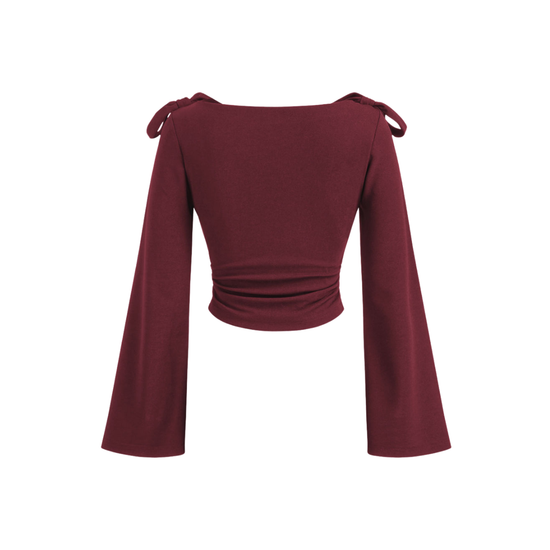 BOAT NECK BOWKNOT RUSHED LONG SLEEVES TOP