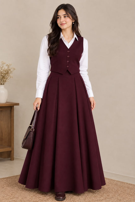 Burgundy Pleated Skirt & Waistcoat Set