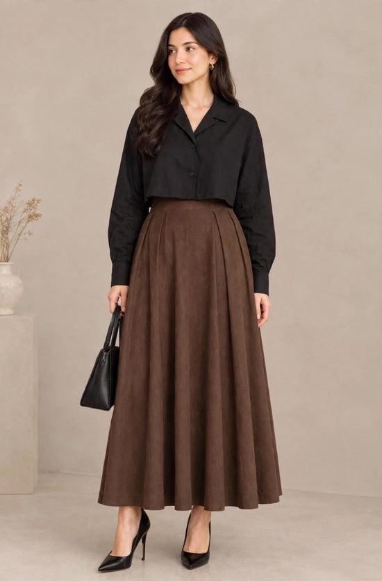 BLACK COAT SHIRT WITH BROWN PLATED SKIRT